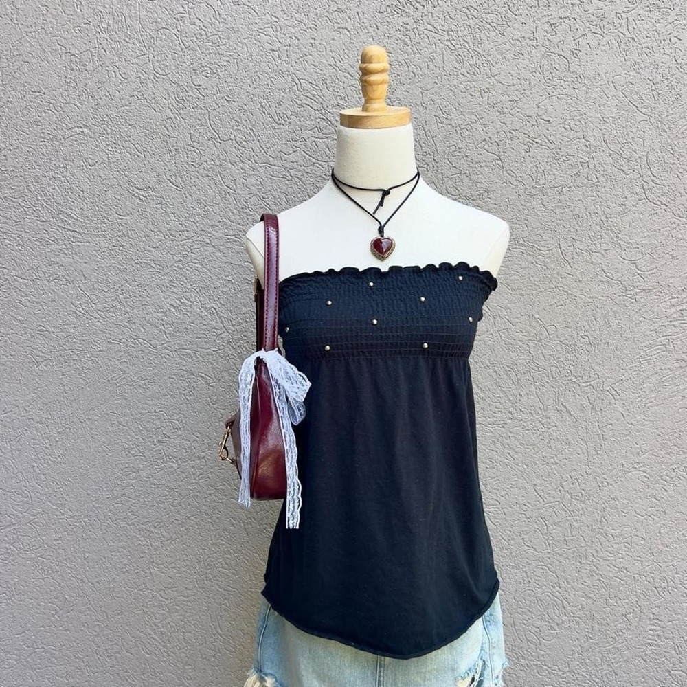 Y2K Black Strapless Beaded Ruched Tube Top Size Small Goth Grunge Glam